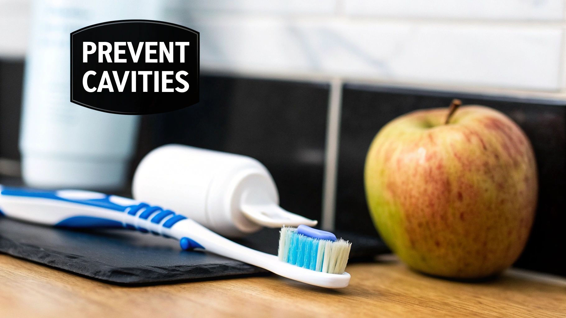 A toothbrush with blue toothpaste, a toothpaste tube, and an apple, with text 'PREVENT CAVITIES'.