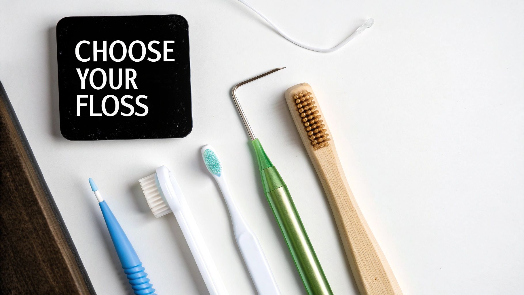 Various dental tools, including toothbrushes, a dental pick, and a 'CHOOSE YOUR FLOSS' sign.