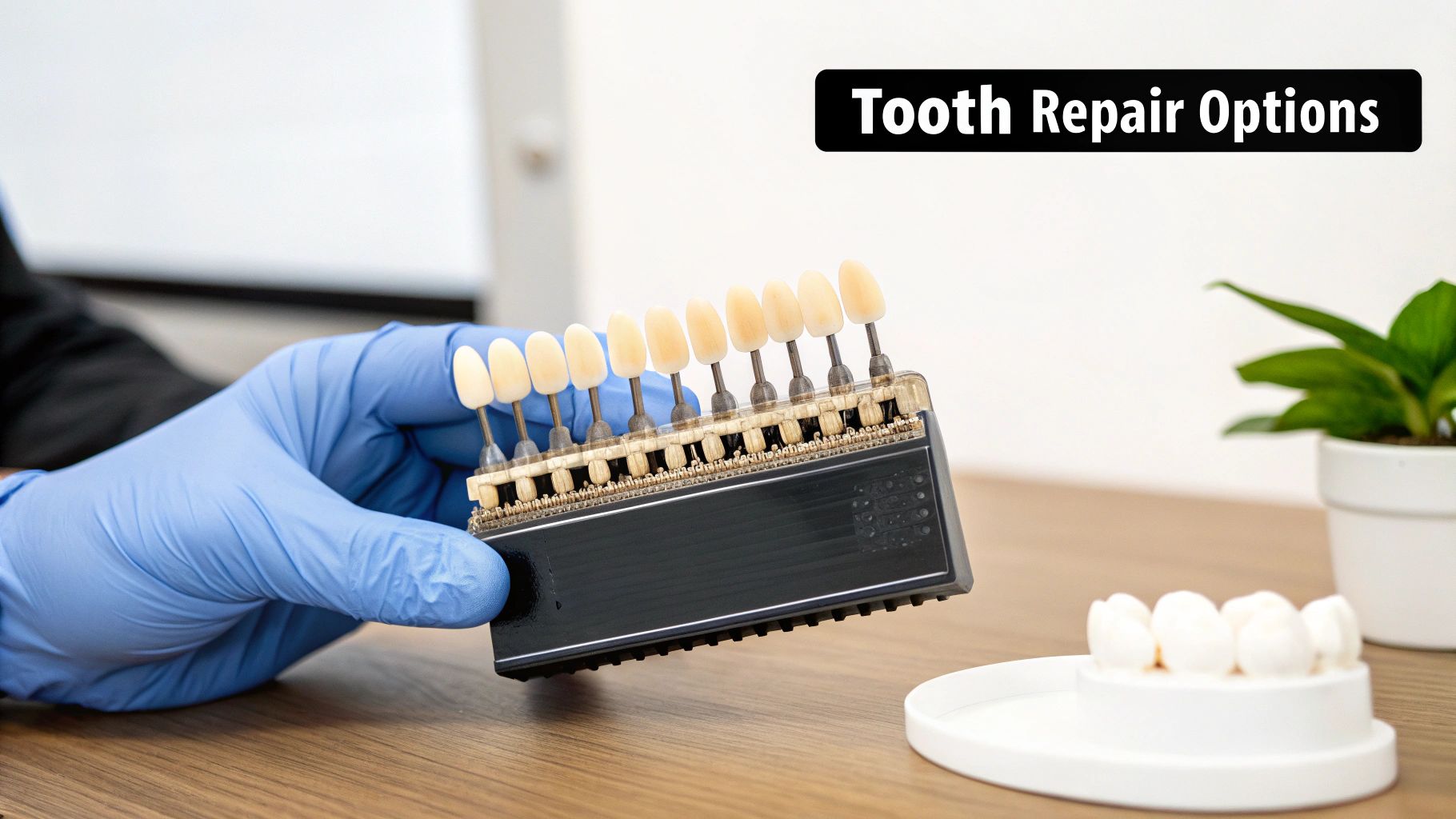 A gloved hand holds a dental shade guide for matching tooth color, with a tooth model nearby.