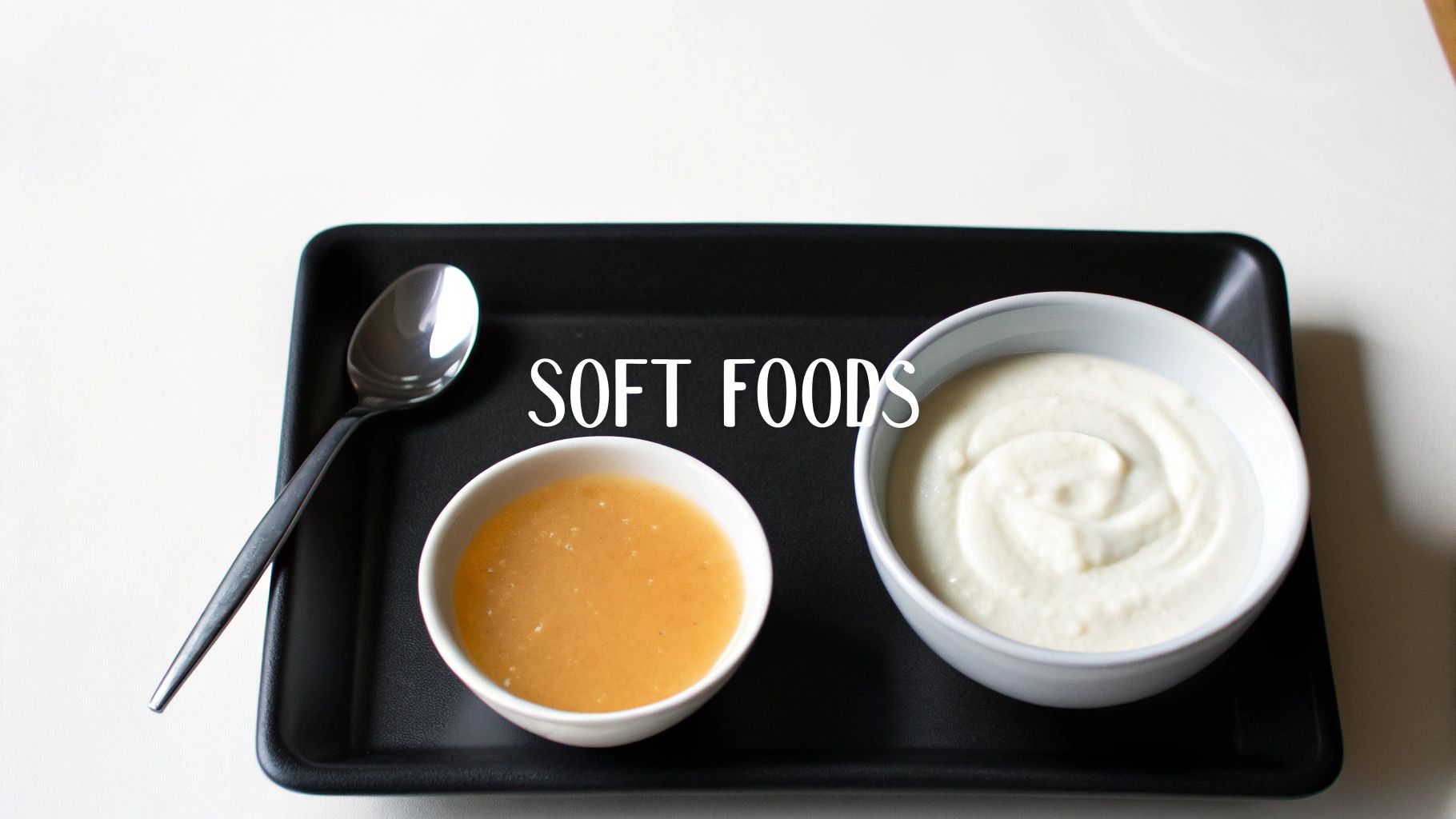 Two bowls of soft foods including soup and yogurt on black tray with spoon
