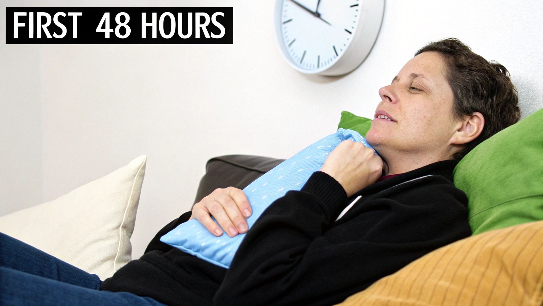 A woman rests on a couch with a blue cold pack on her neck, emphasizing recovery during the first 48 hours.