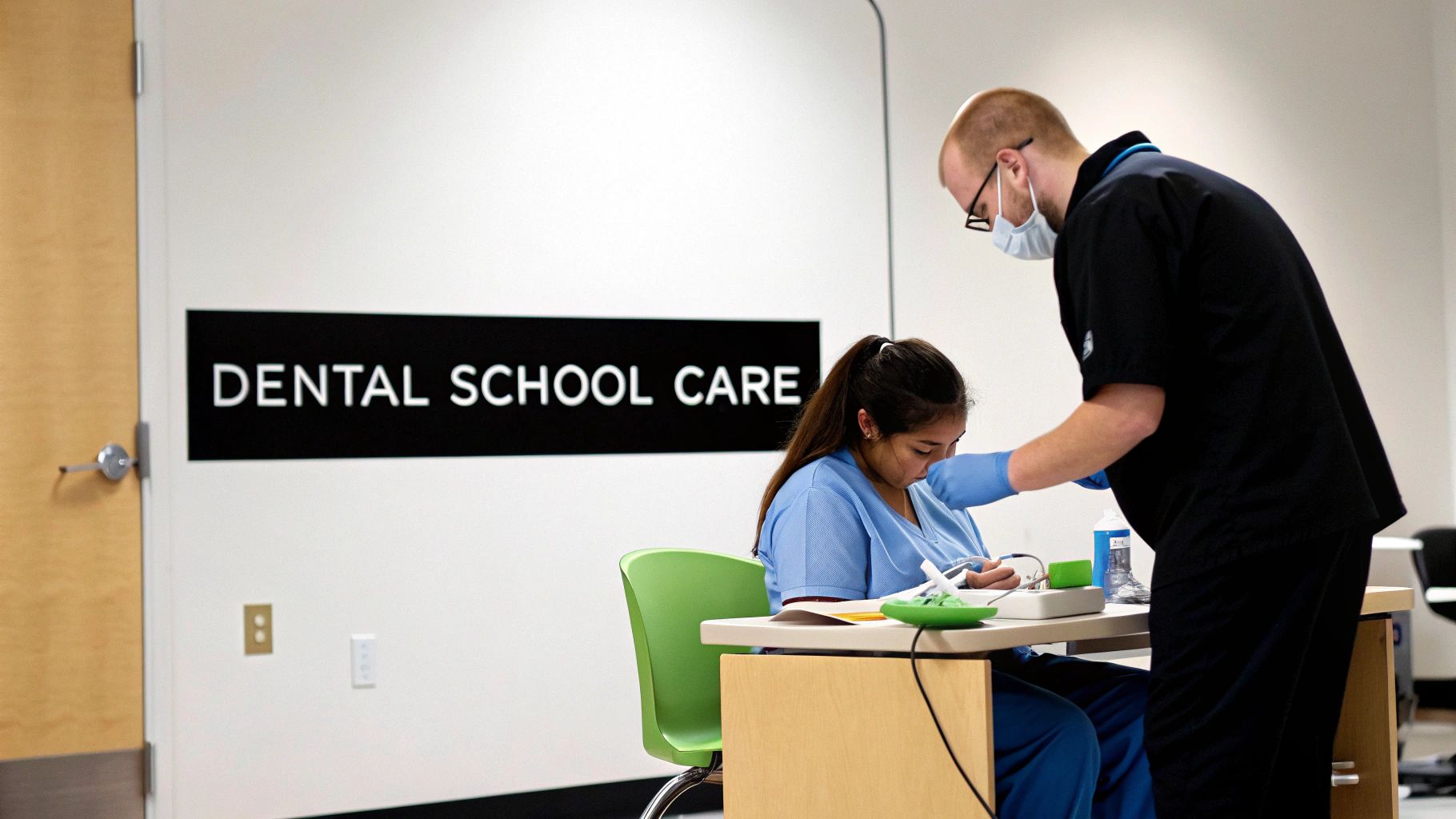 Students and professors in a modern dental school clinic, showcasing a clean and professional environment.