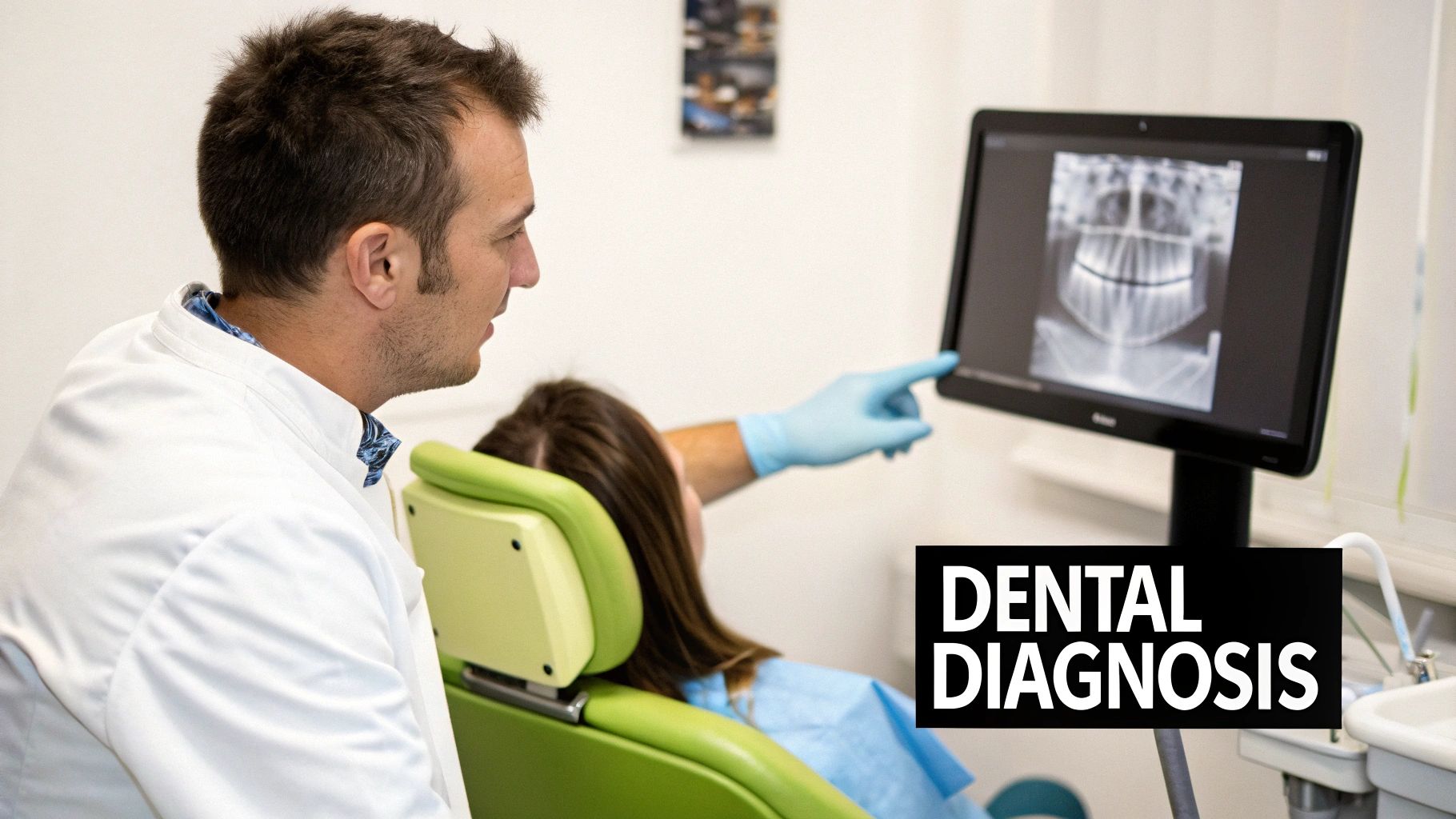 A dentist explaining a dental x-ray to a patient