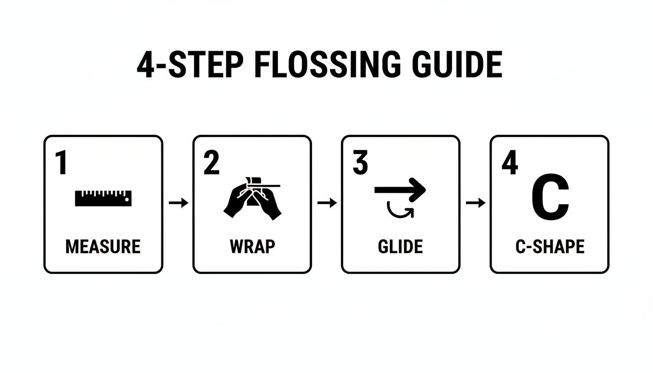 A 4-step flossing guide showing how to measure, wrap, glide, and form a C-shape with floss.