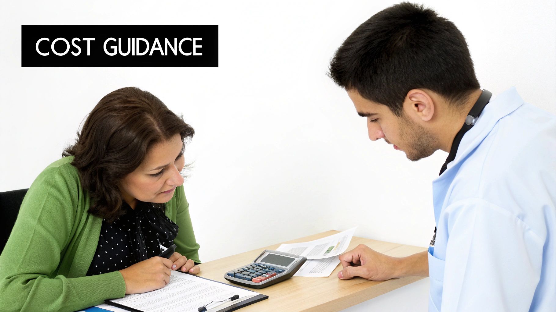 Healthcare professional discussing cost guidance and treatment expenses with patient using calculator and documents