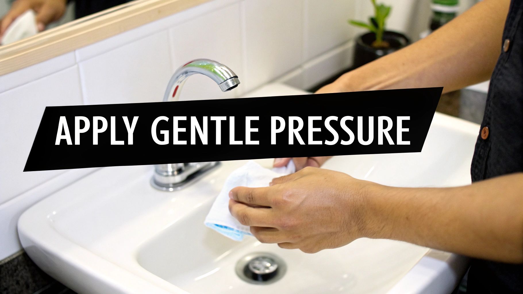 Hands gently pressing a white cloth into a bathroom sink, with text 'APPLY GENTLE PRESSURE' overlaid.