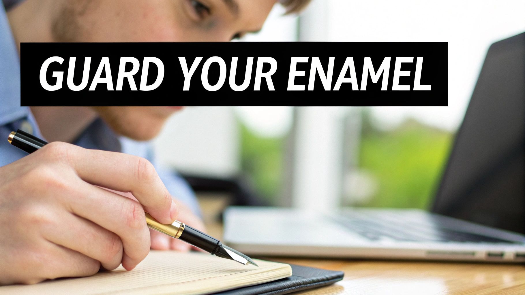 A person biting their nails, a habit that can weaken tooth enamel.