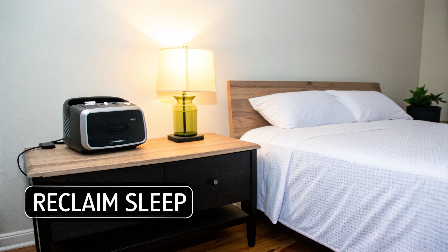 A cozy bedroom with a white bed, wooden headboard, nightstand, lamp, and a sound machine, featuring 'RECLAIM SLEEP' text.