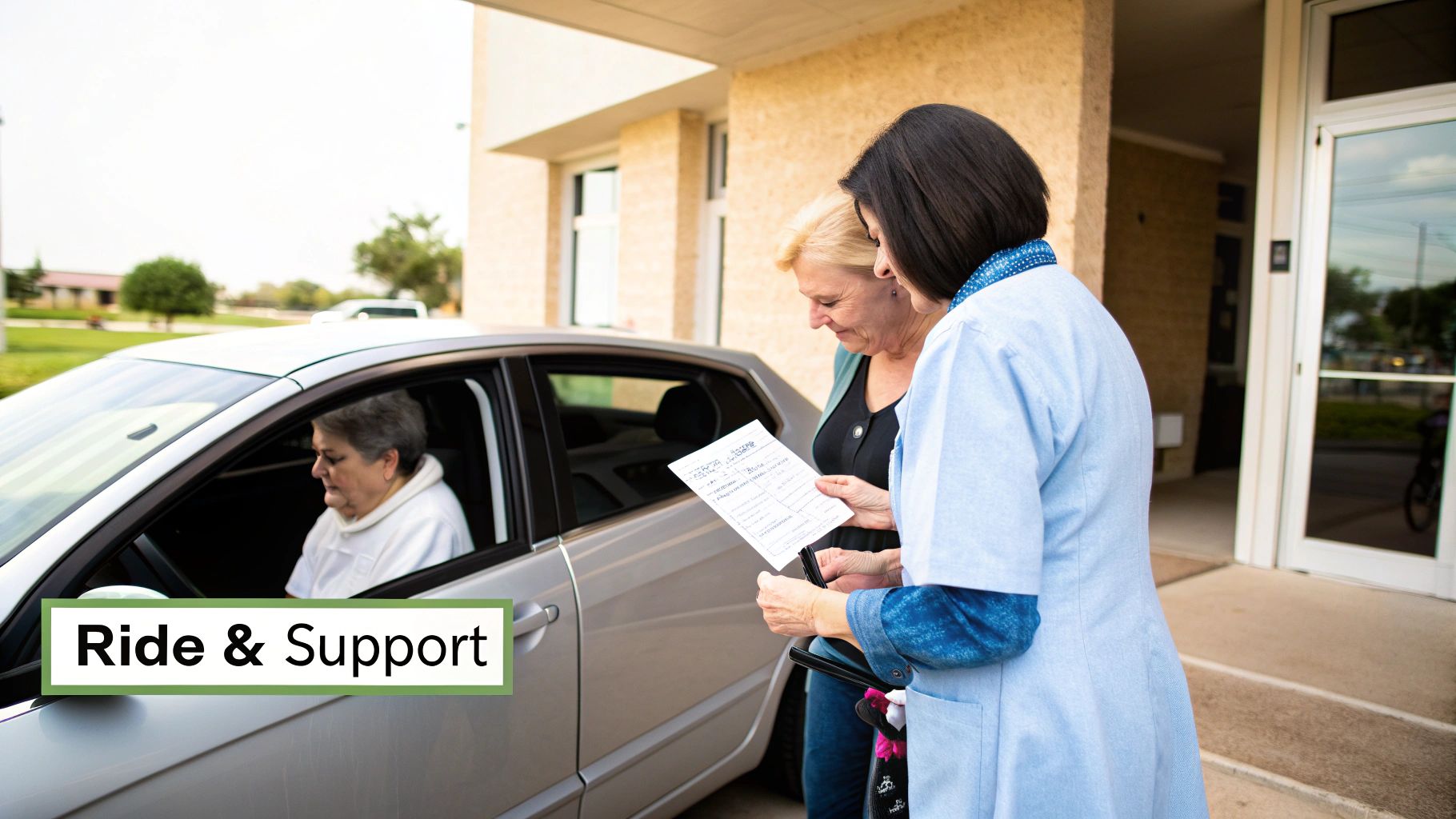 Two women stand by a car discussing a document, while another woman sits in the driver&#39;s seat, with &#39;Ride &amp; Support&#39; overlay.