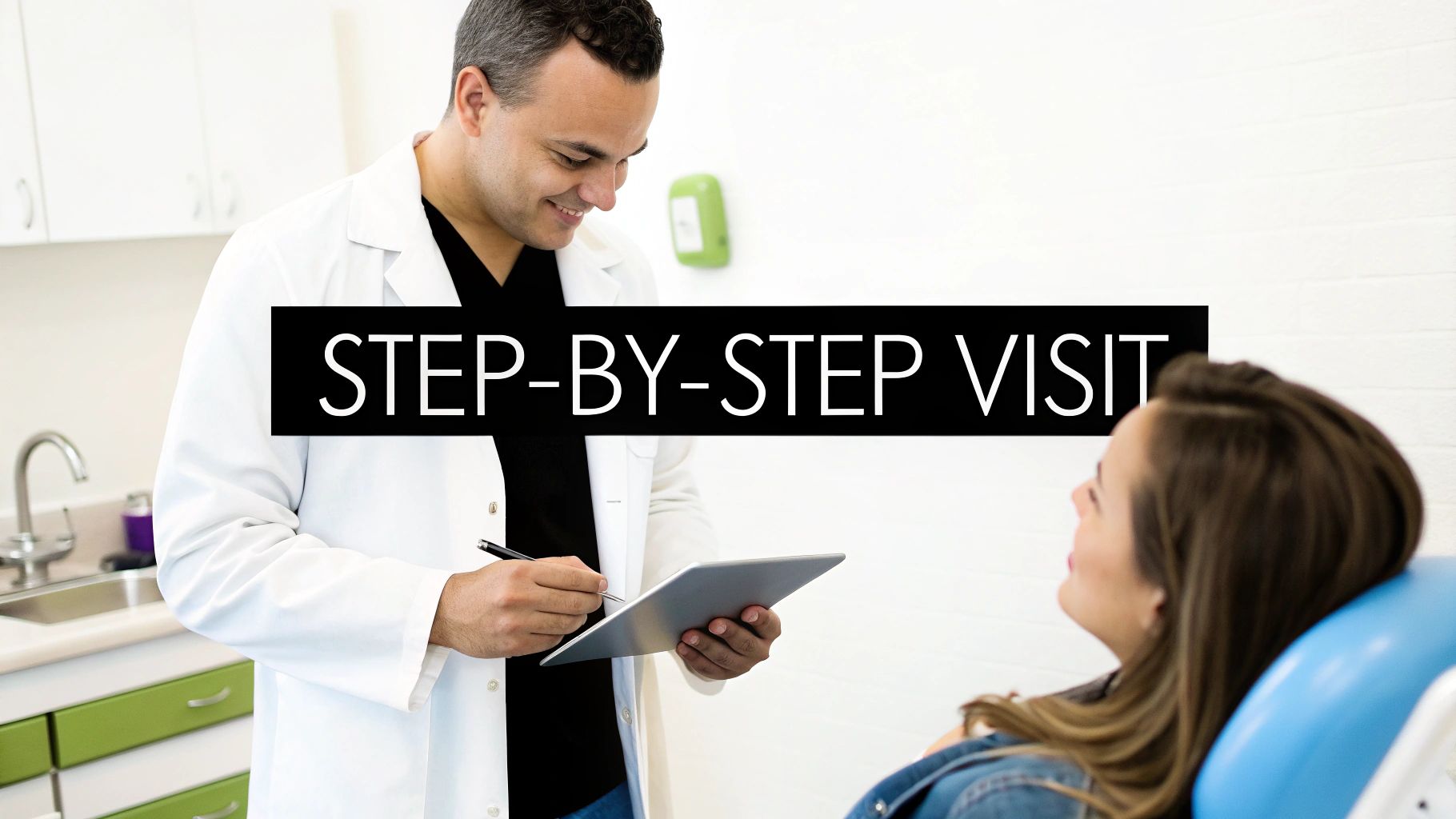 A smiling male doctor in a lab coat consults with a female patient, holding a tablet.