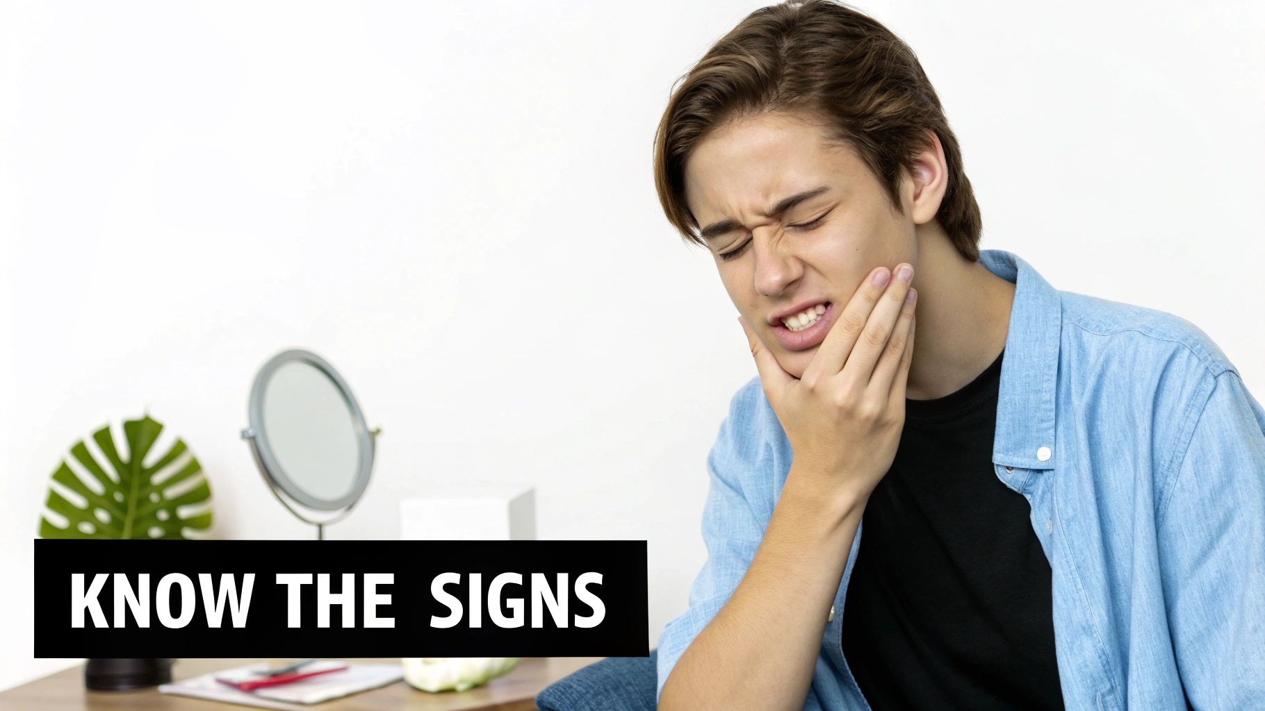 A person pointing to their jaw in pain, illustrating the discomfort associated with dry socket after wisdom teeth removal.
