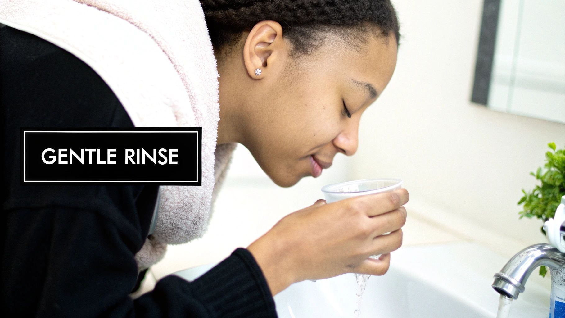 A young person gently rinses their mouth over a sink with water from a cup, a towel draped on their shoulder.