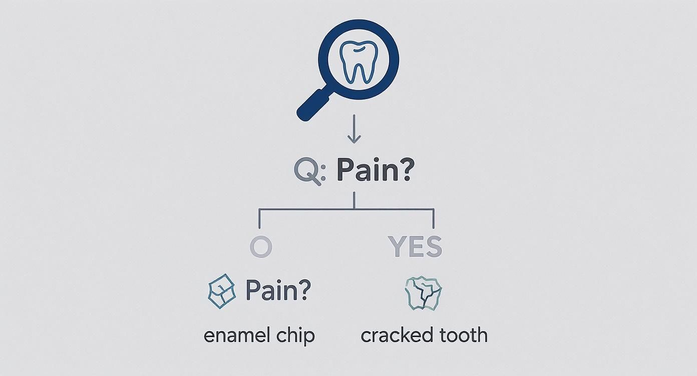 Dental diagnostic flowchart showing decision tree for tooth pain with enamel chip or cracked tooth outcomes