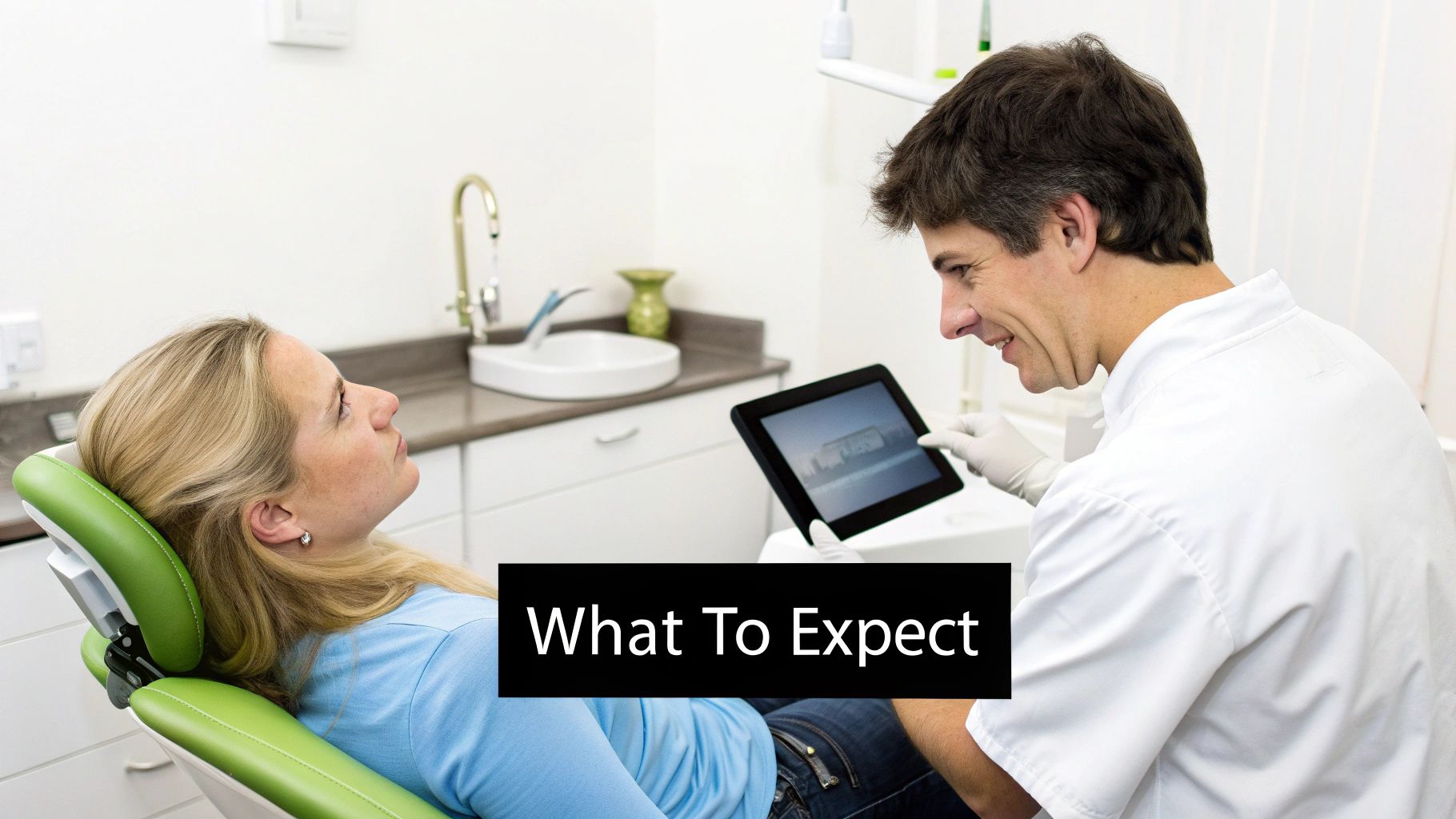 A smiling male dentist in a white coat shows a tablet to a female patient in a dental chair.