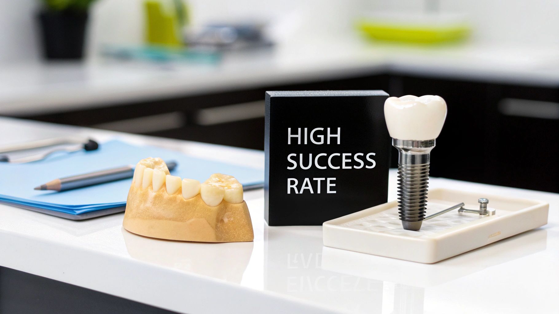 A dentist explaining a dental bone graft procedure to a patient using a jaw model.