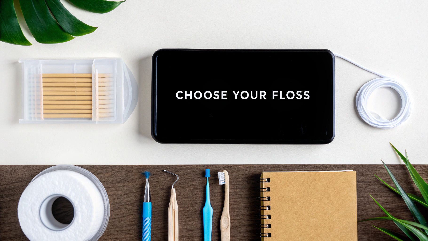 A flat lay of various dental care items including floss, toothbrushes, interdental brushes, and a screen showing 'CHOOSE YOUR FLOSS'.