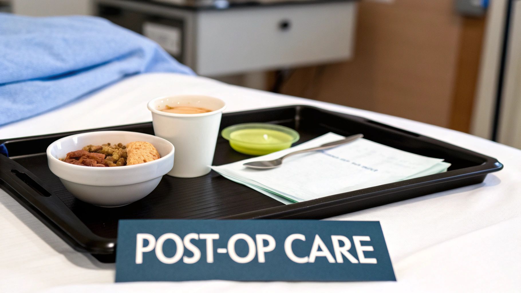 A hospital meal tray with a bowl of food, a drink, and a 'POST-OP CARE' sign.