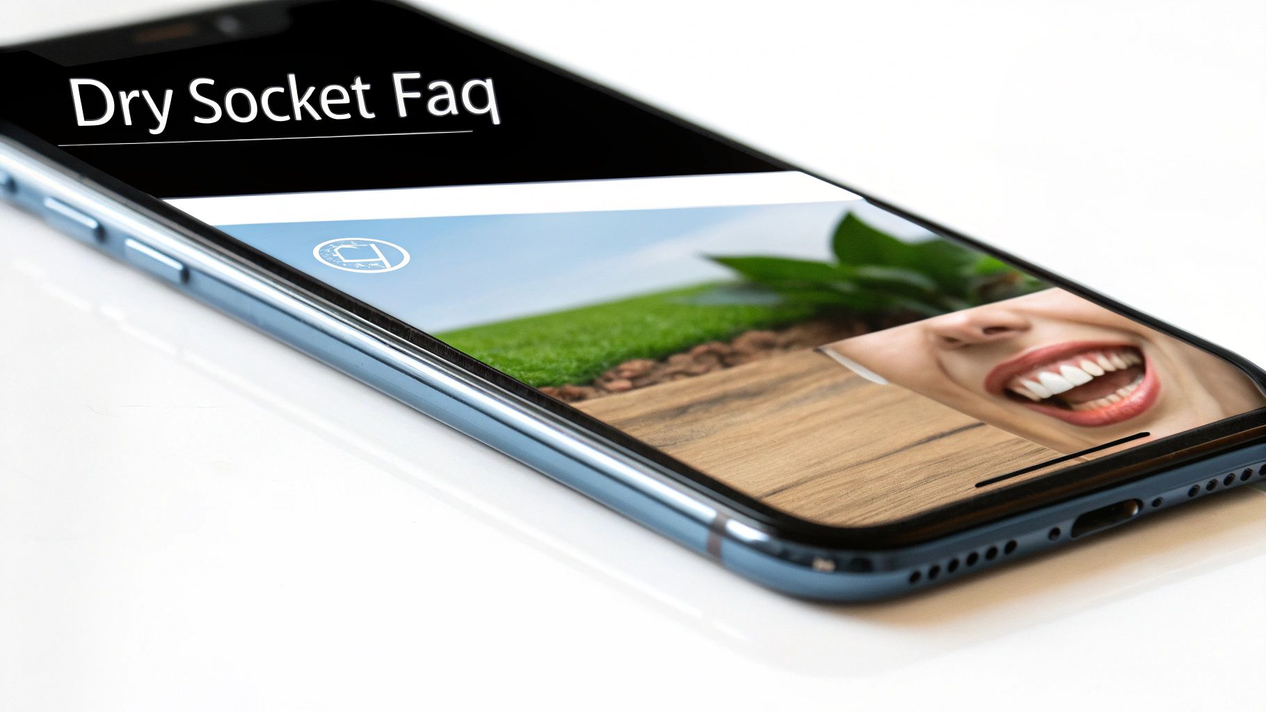 A smartphone displaying a webpage titled &#39;Dry Socket Faq&#39;, featuring a smiling mouth, grass, and wood textures.