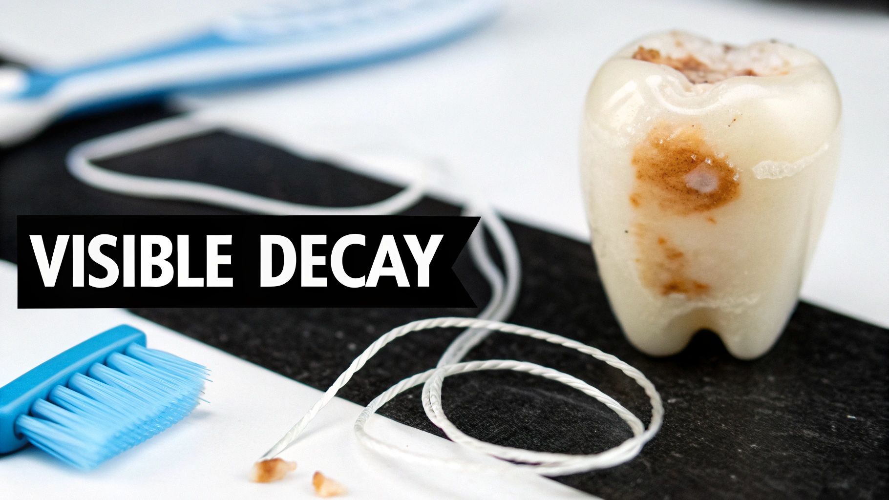 Close-up of a tooth model showing visible decay, with dental floss and a toothbrush nearby.