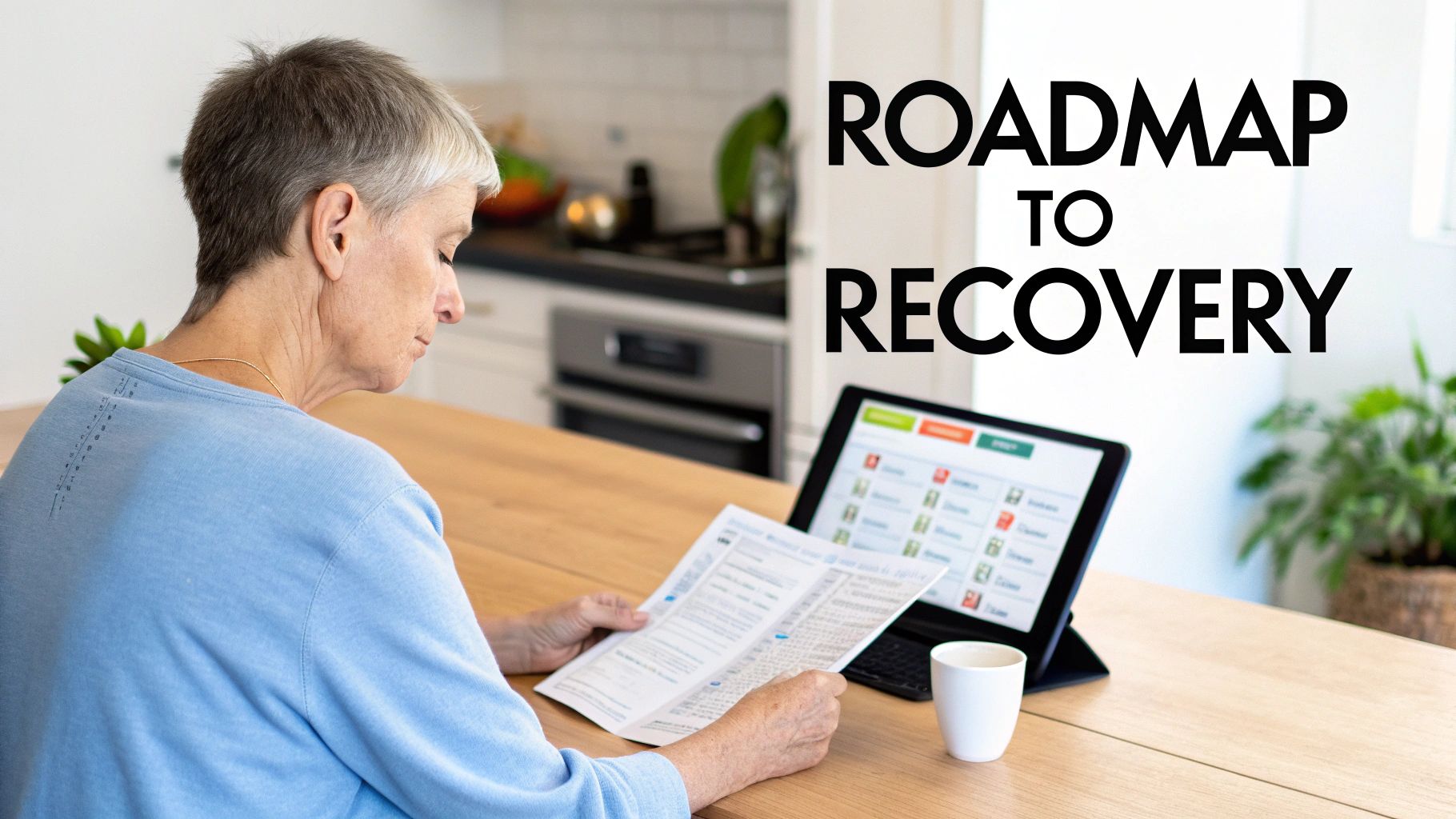 Senior woman studies a document at a table next to a tablet showing a recovery roadmap.