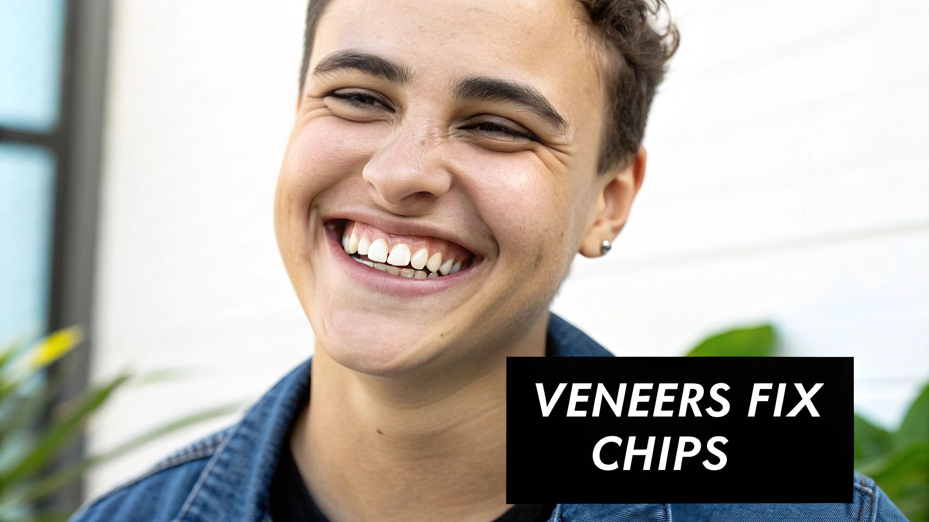 A person with a bright, healthy smile showcasing perfect teeth, alongside the message 'VENEERS FIX CHIPS'.