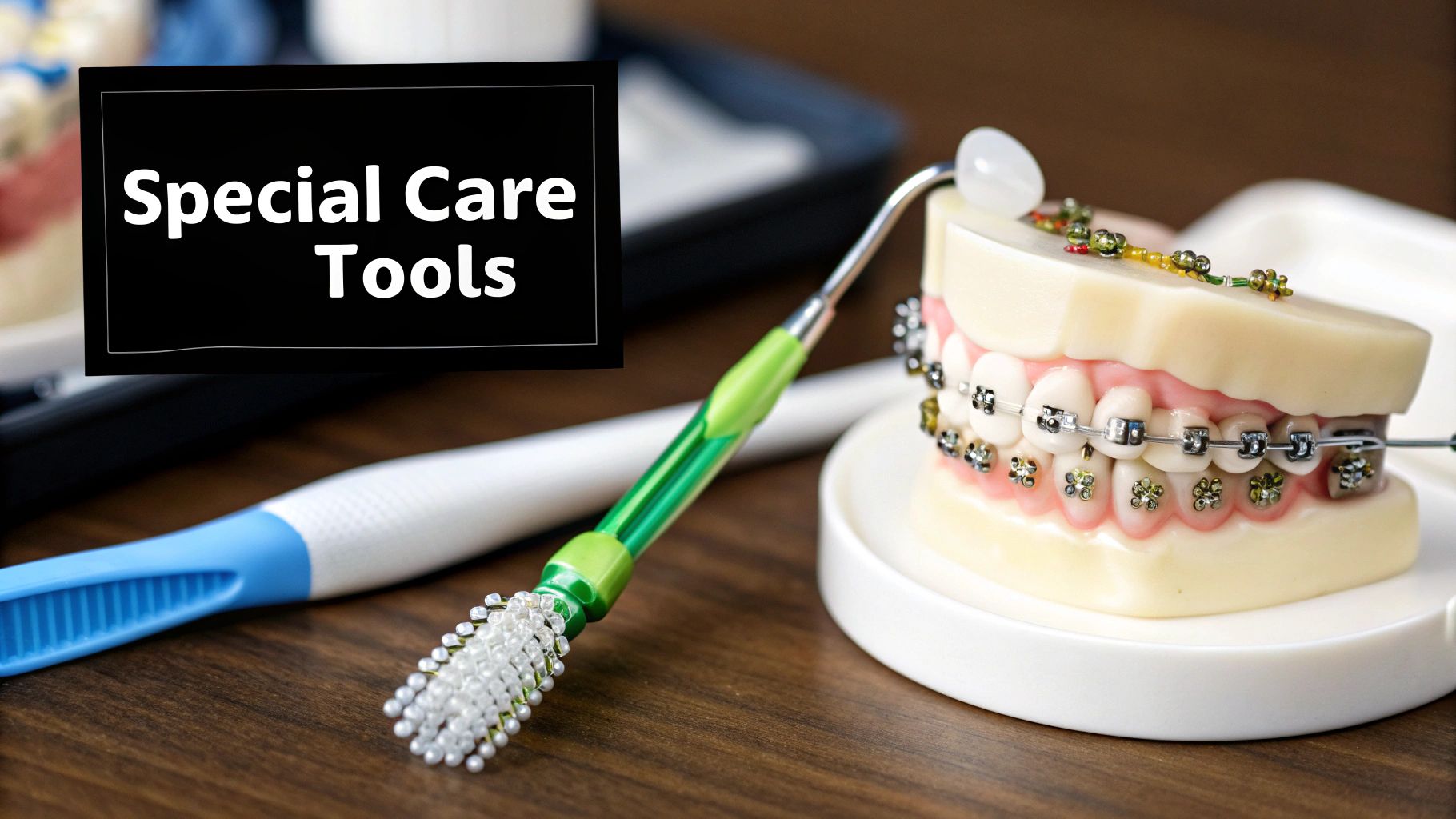 A dental model with braces, specialized care tools, and a toothbrush on a wooden surface.