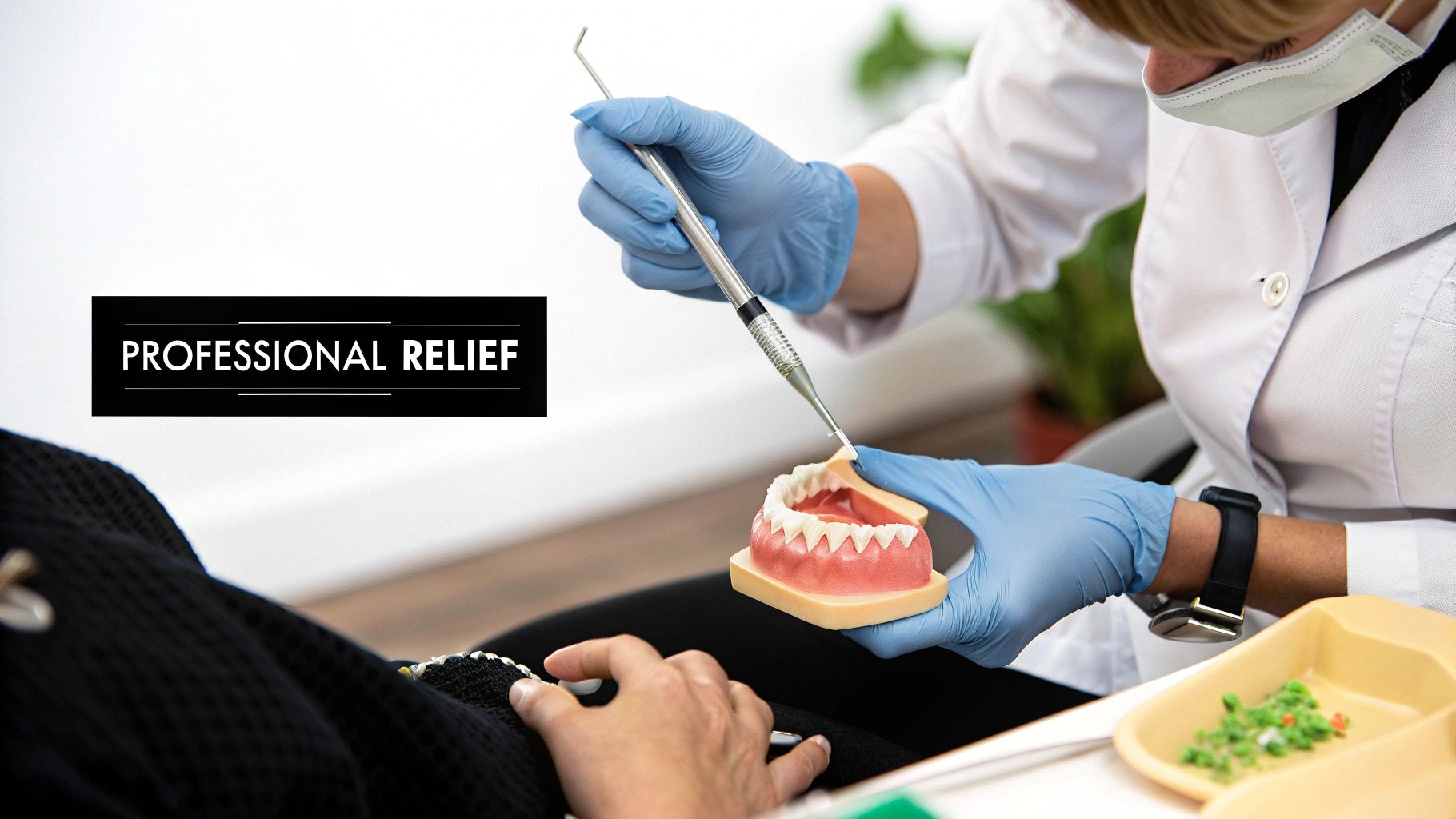 A dental professional in blue gloves demonstrates with an instrument on a realistic teeth and gum model.