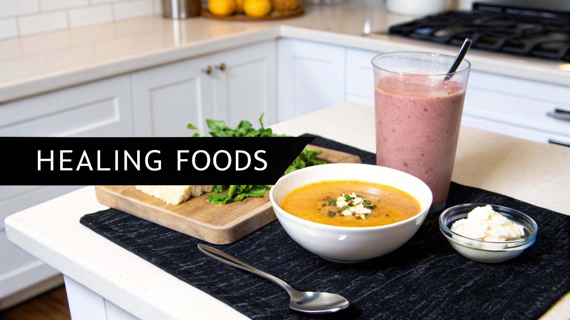 A close-up of a kitchen counter featuring a bowl of orange soup, a berry smoothie, greens, and bread, promoting healing foods.