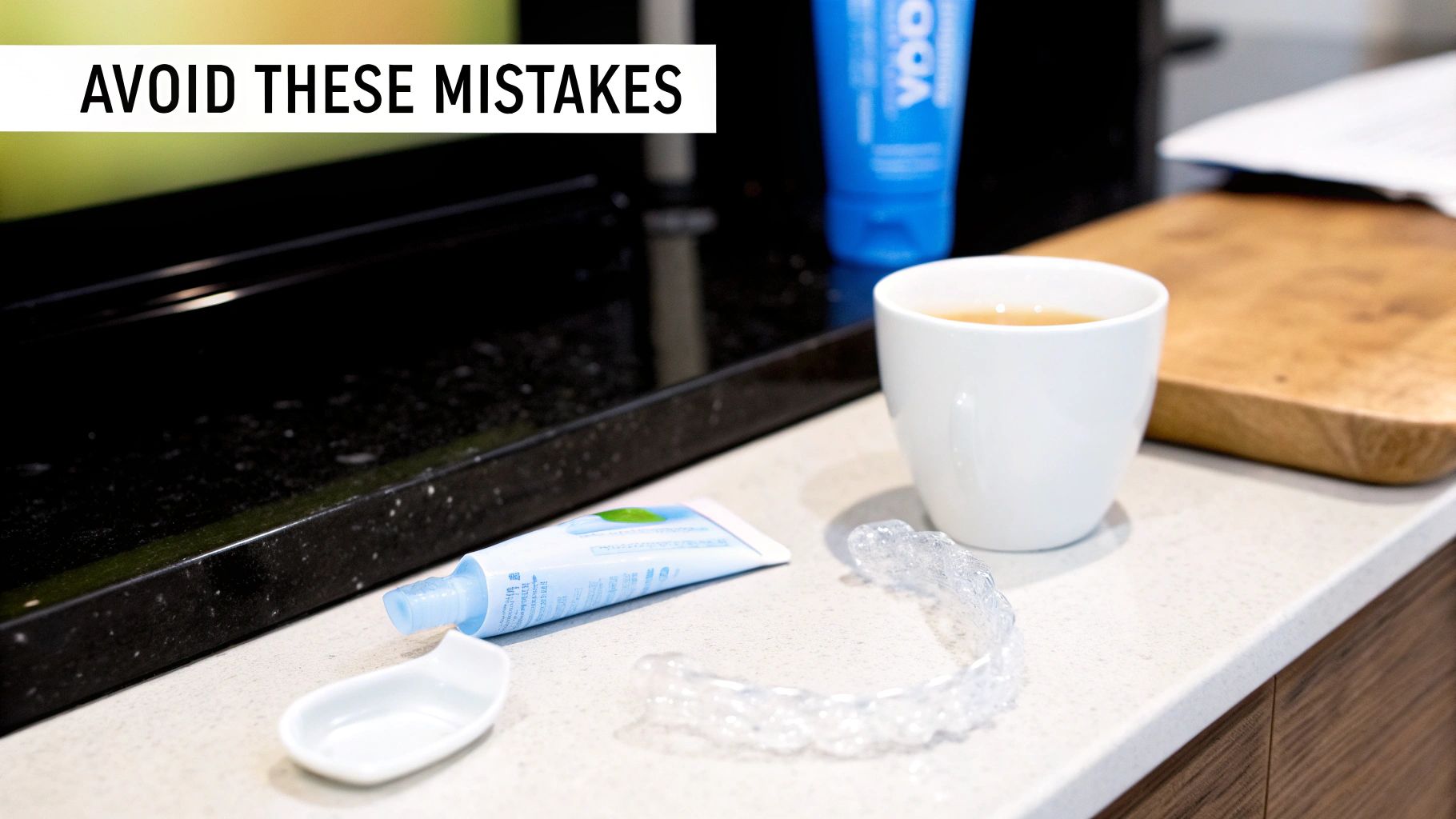 Invisalign aligner, toothpaste, and cup on a counter, with text 'AVOID THESE MISTAKES'.