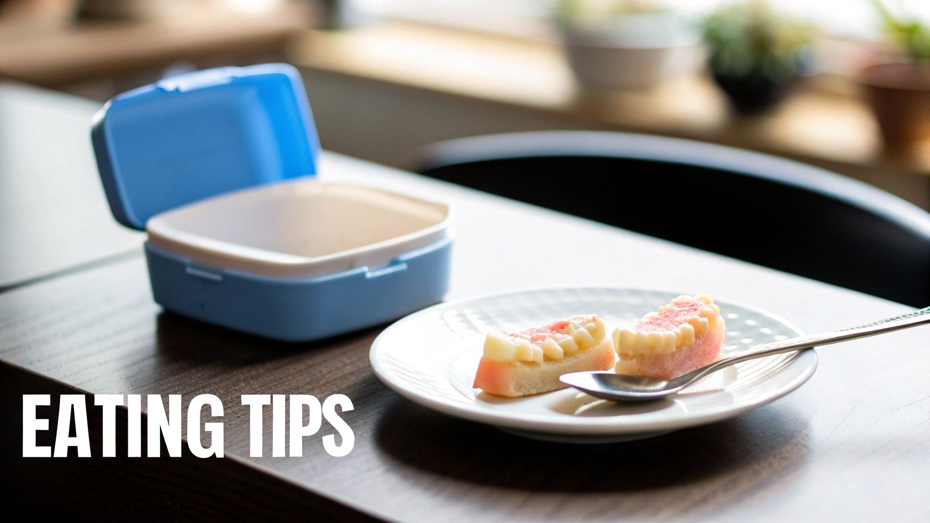 Two pink and white sweet treats shaped like dentures on a plate next to a blue lunchbox.