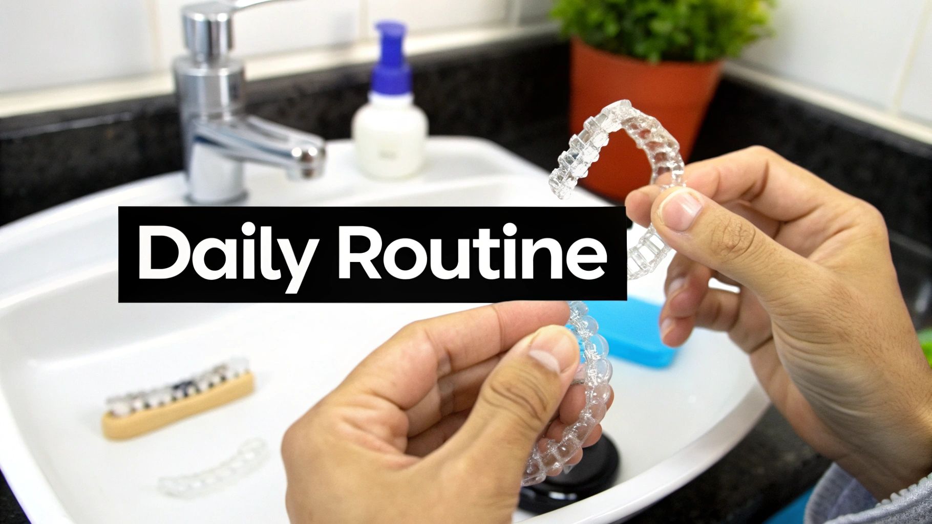 A person holds clear dental aligners over a bathroom sink, preparing for a daily cleaning routine.