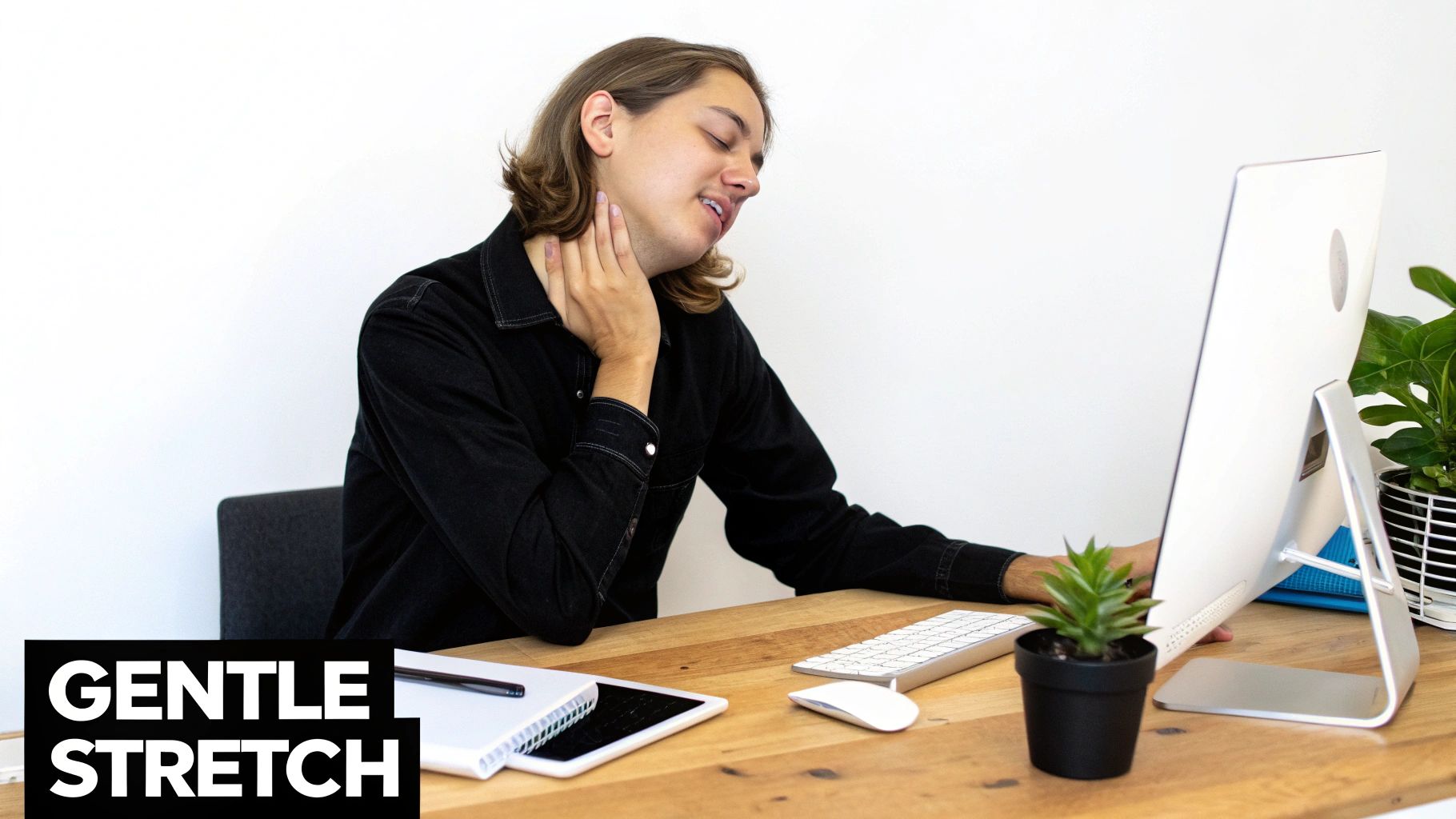 Person gently stretching neck at desk workspace demonstrating TMJ pain relief exercise