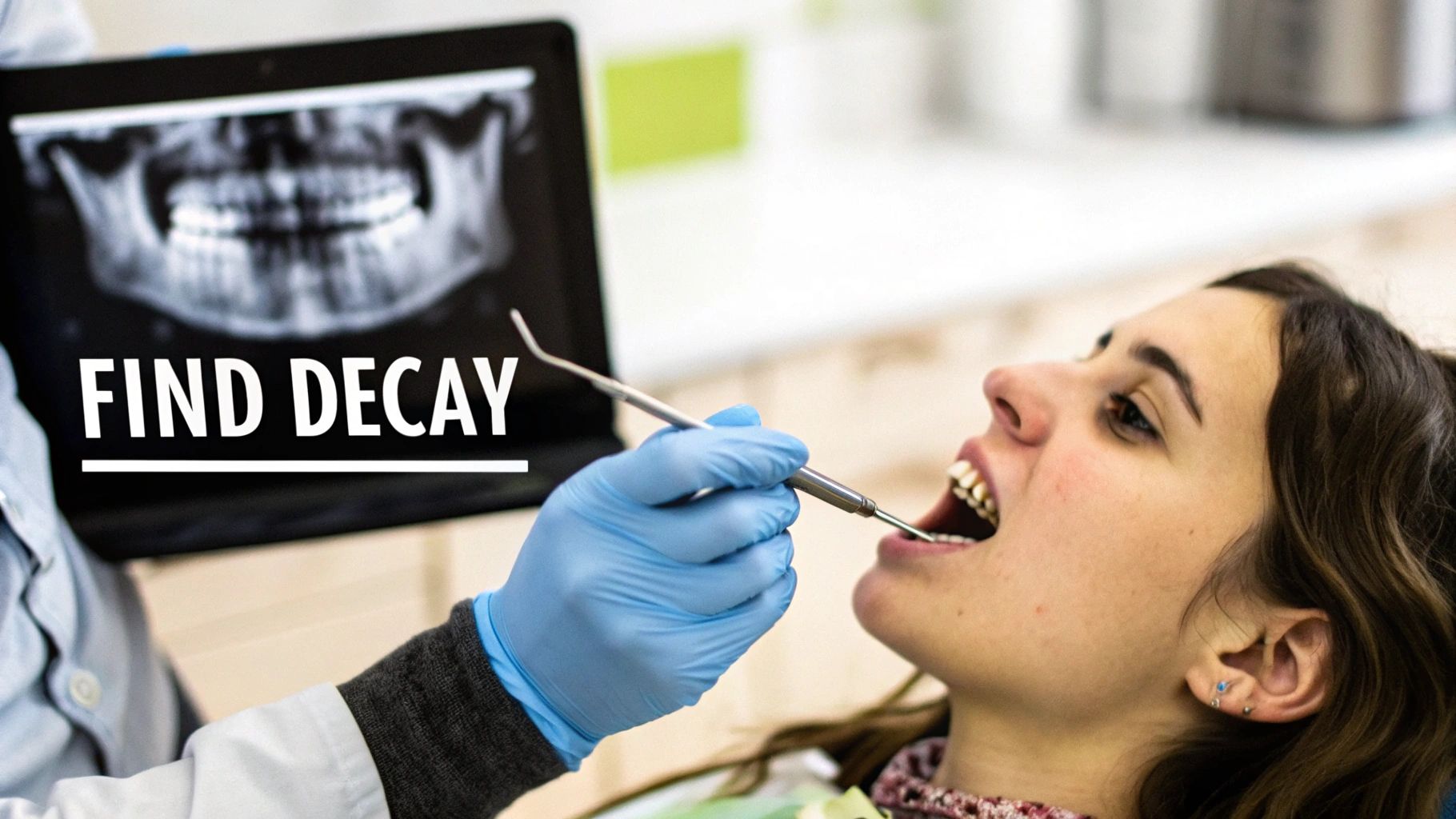 Dentist in blue gloves examining a patient's open mouth, with a dental X-ray showing 'FIND DECAY' on a screen.