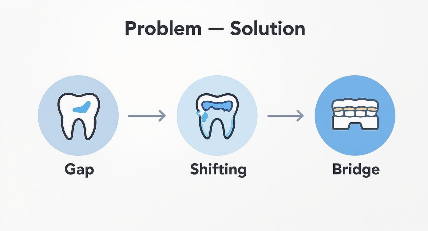 Diagram illustrating the progression from a dental gap to shifting teeth, and the solution being a dental bridge.