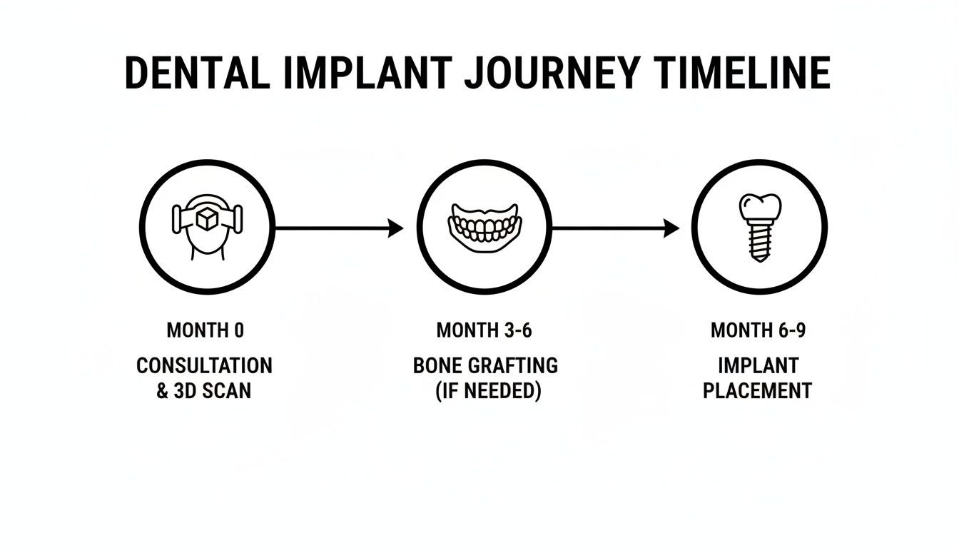 A dental implant journey timeline showing consultation, bone grafting, and implant placement stages.