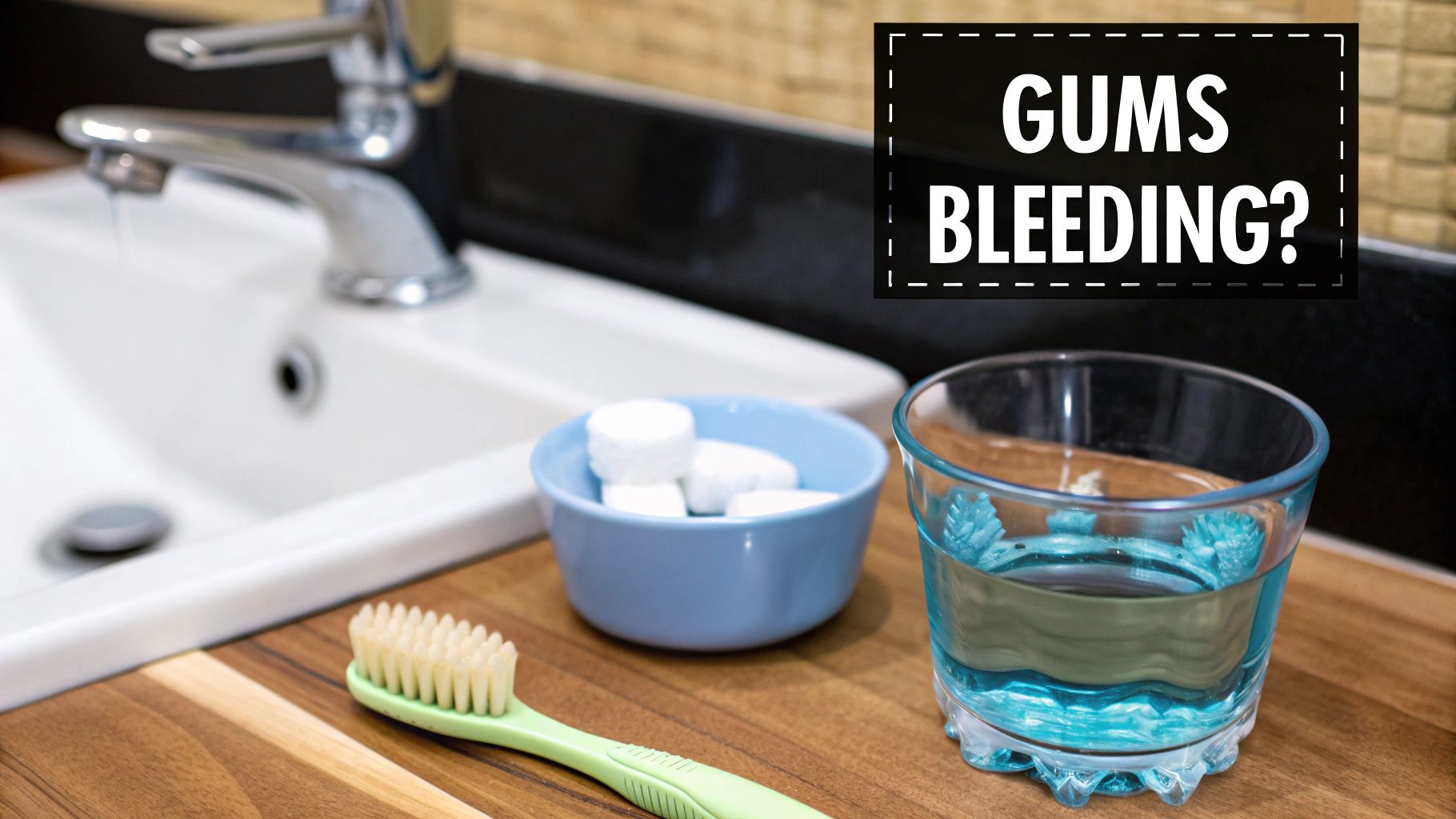 A toothbrush, a bowl of white tablets, and a glass of water on a bathroom counter with text 'GUMS BLEEDING?'.