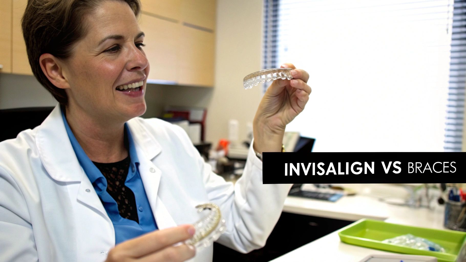 An adult smiling, showing off their perfect teeth, symbolizing the successful outcome of orthodontic treatment.