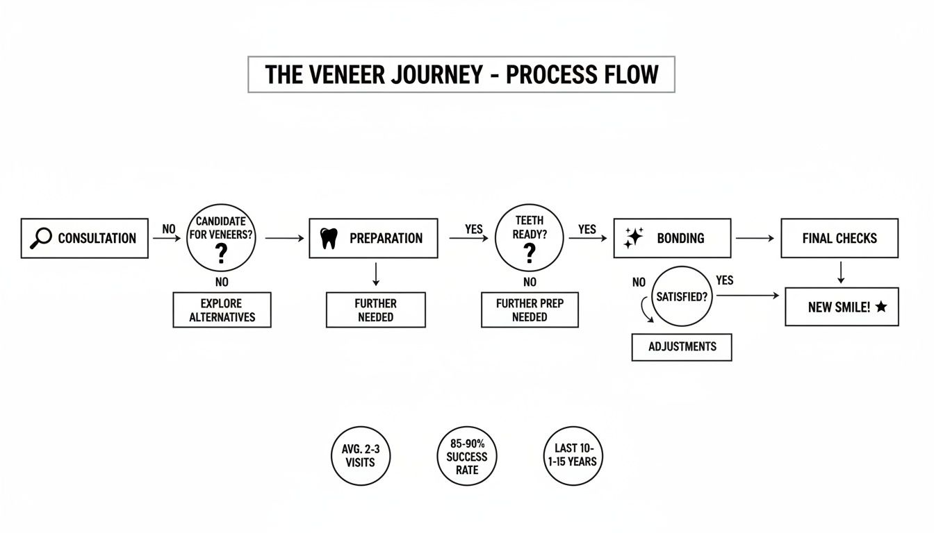 A detailed flow chart illustrating the veneer journey process, from initial consultation to a new smile.