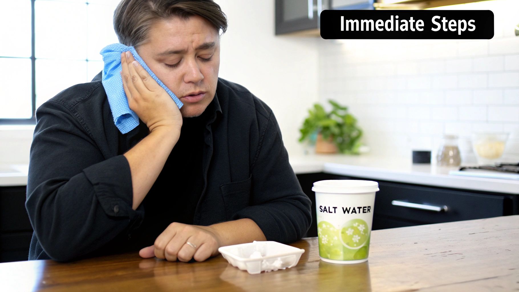 Person holding ice pack to swollen cheek with salt water and tissues for tooth pain relief