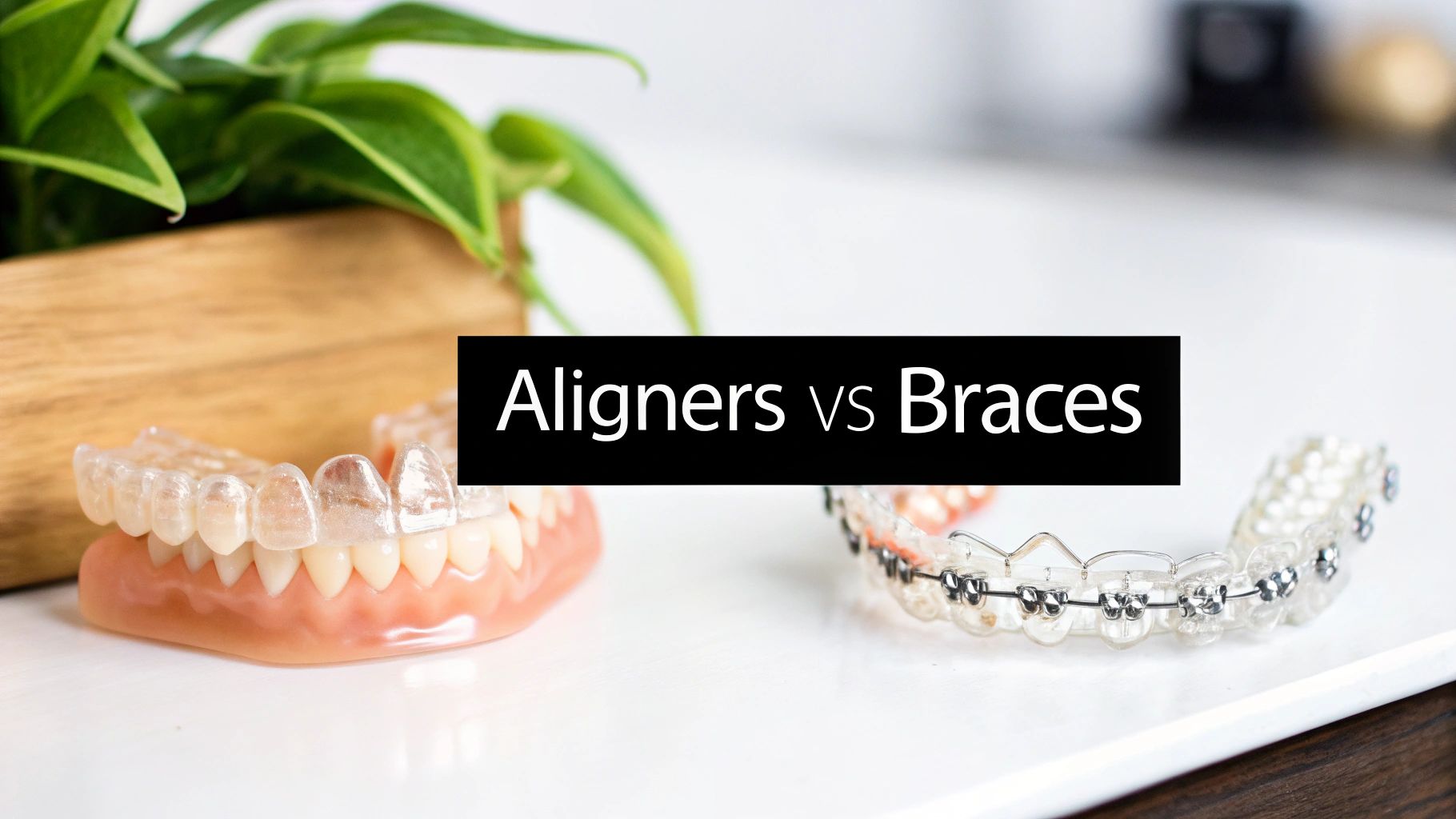 Close-up of a clear dental aligner and traditional braces on models, labeled 'Aligners vs Braces'.