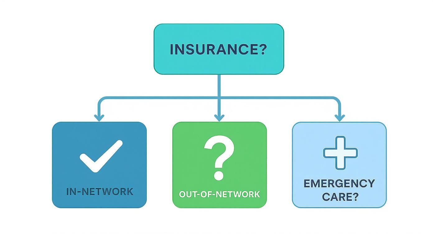 A flowchart detailing insurance options: in-network, out-of-network, and emergency care decisions.