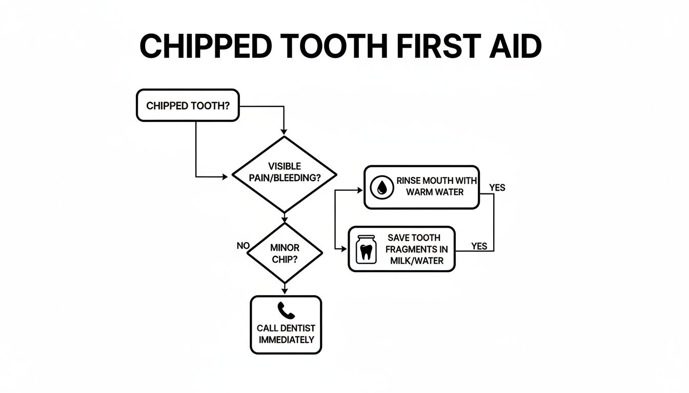 Flowchart detailing first aid steps for a chipped tooth, covering pain, bleeding, and severity.