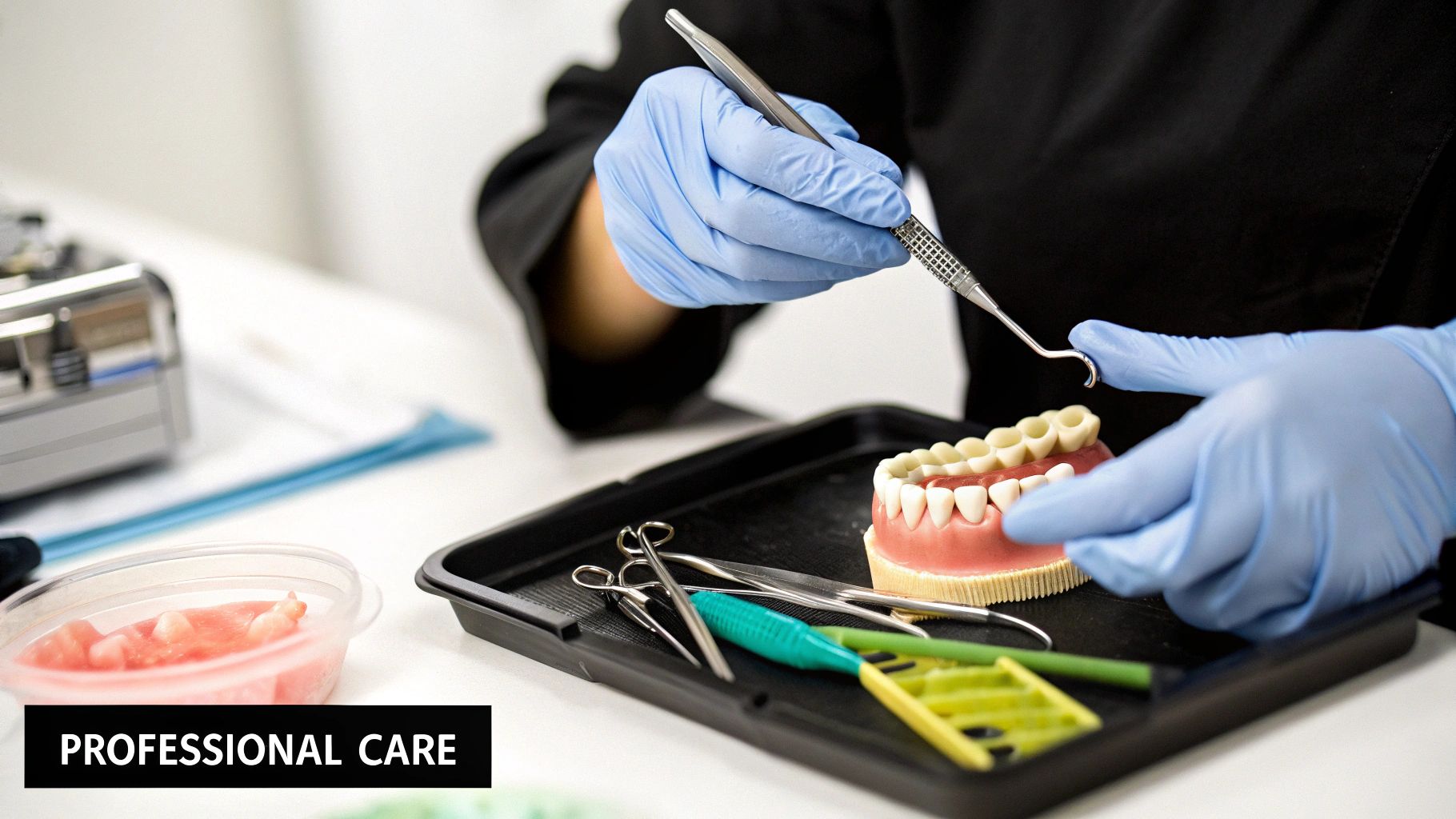 A gloved hand uses a dental tool on a teeth model, surrounded by various dental instruments.