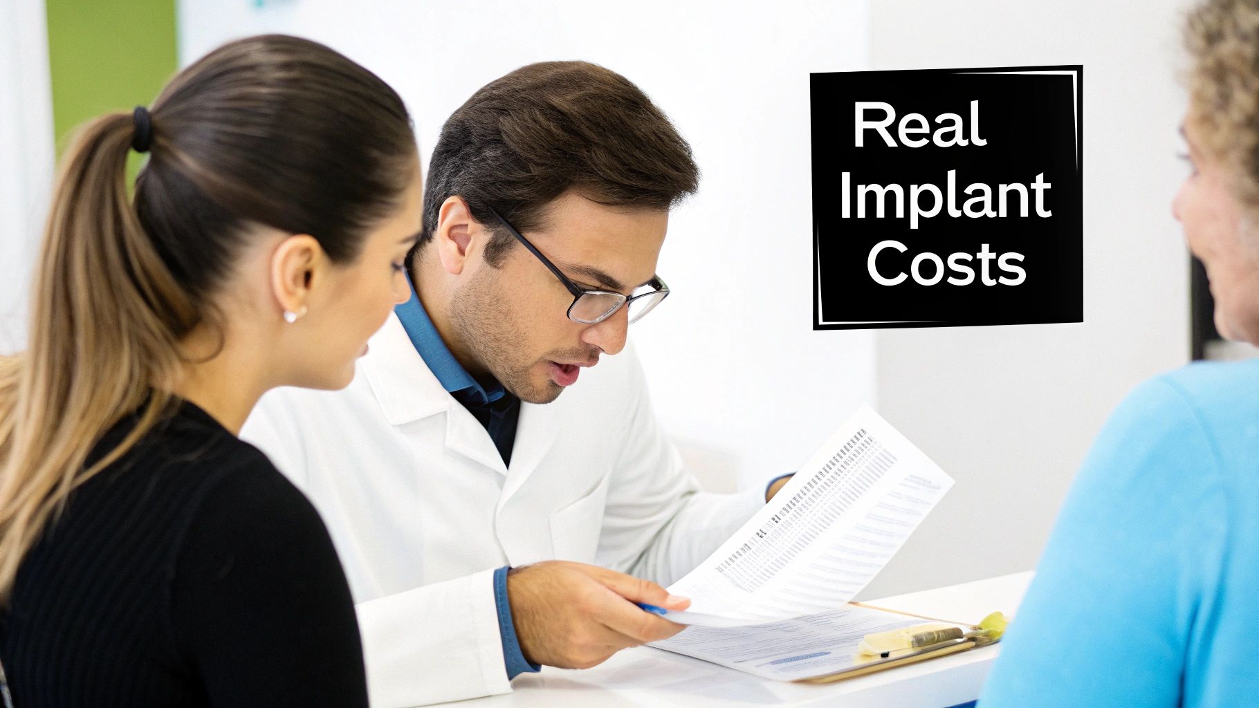 Dental professionals discussing full mouth dental implants cost estimates with patient during consultation