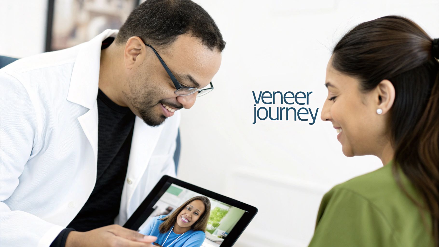 Patient consulting dentist during veneer design session