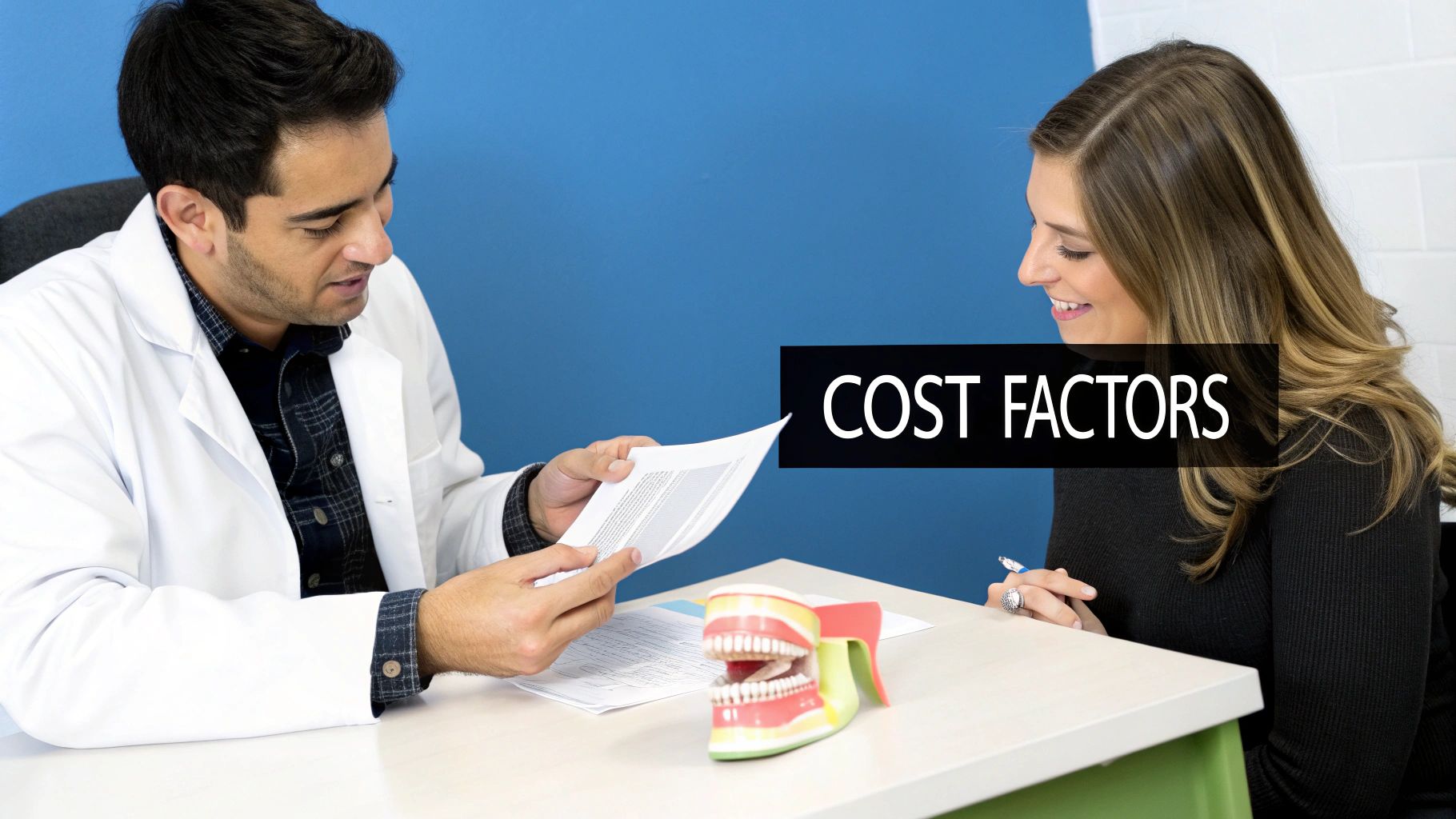 A male dentist discusses 'Cost Factors' on documents with a smiling female patient, with a dental model on the table.
