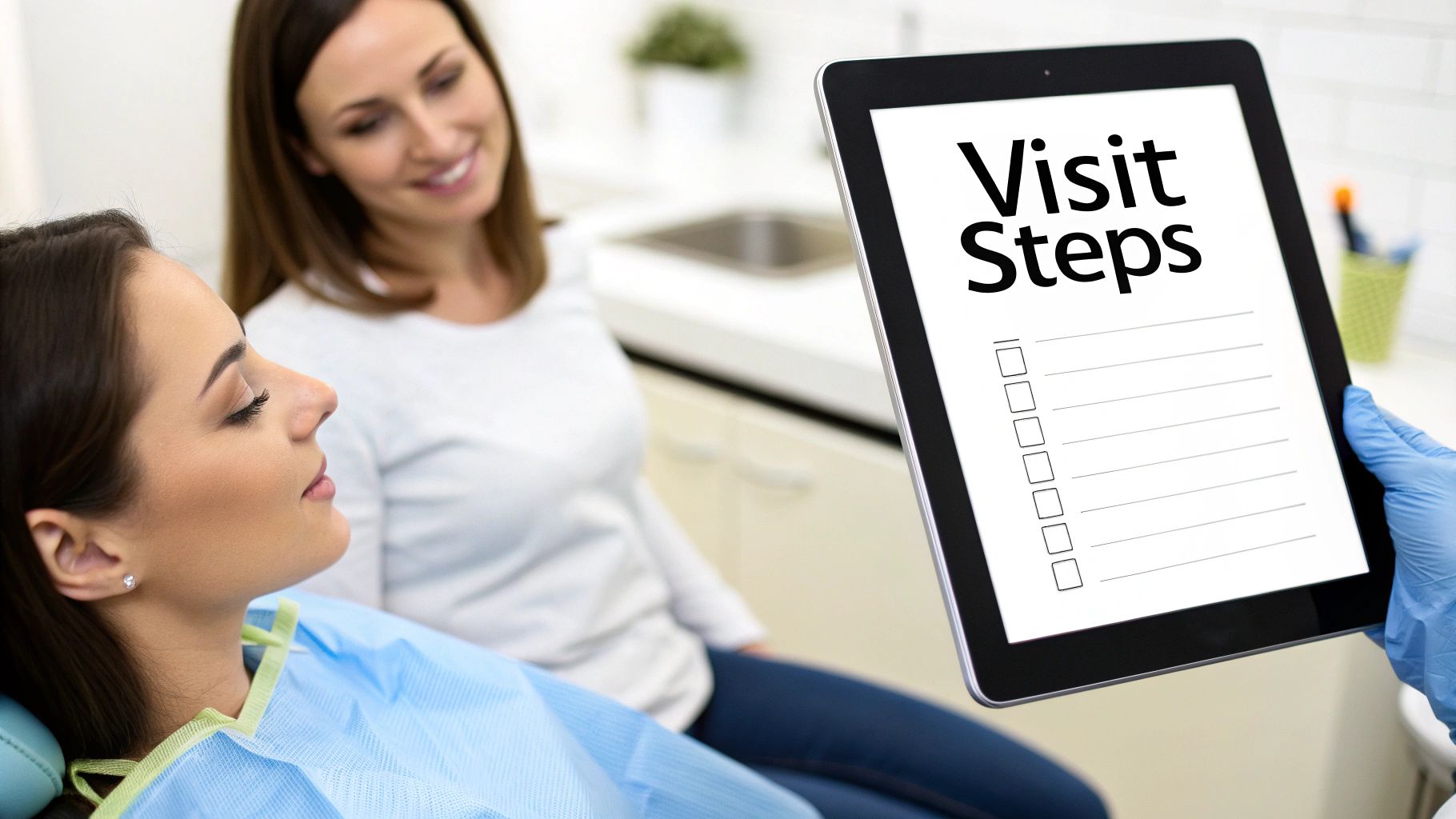 A dentist reassuring a patient in a dental chair.
