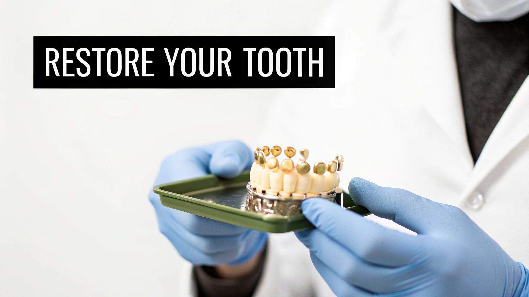 A dentist showing a patient a model of a dental crown.
