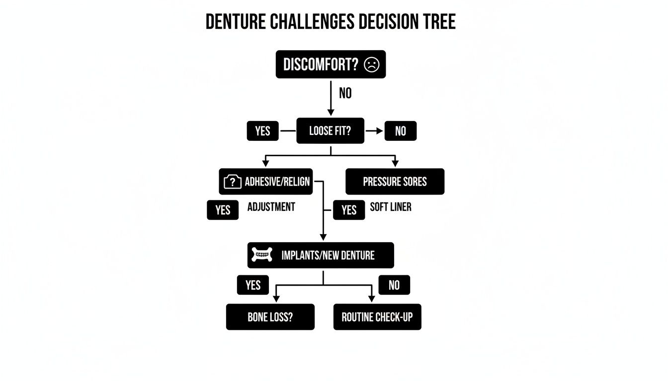 Flowchart illustrating denture challenges decision tree, guiding solutions from discomfort to bone loss.