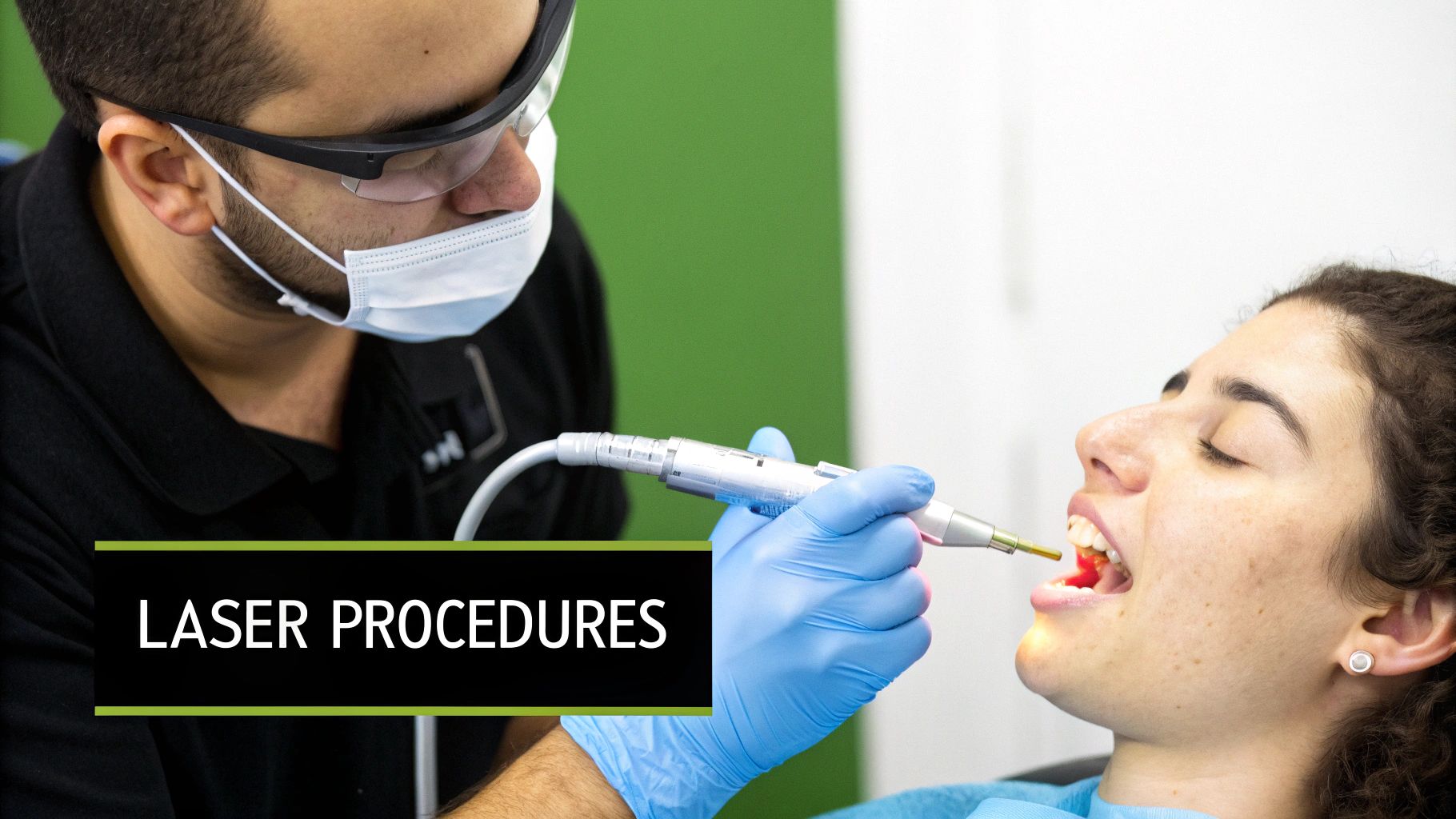 Dentist in protective gear performing laser dental treatment on a female patient.